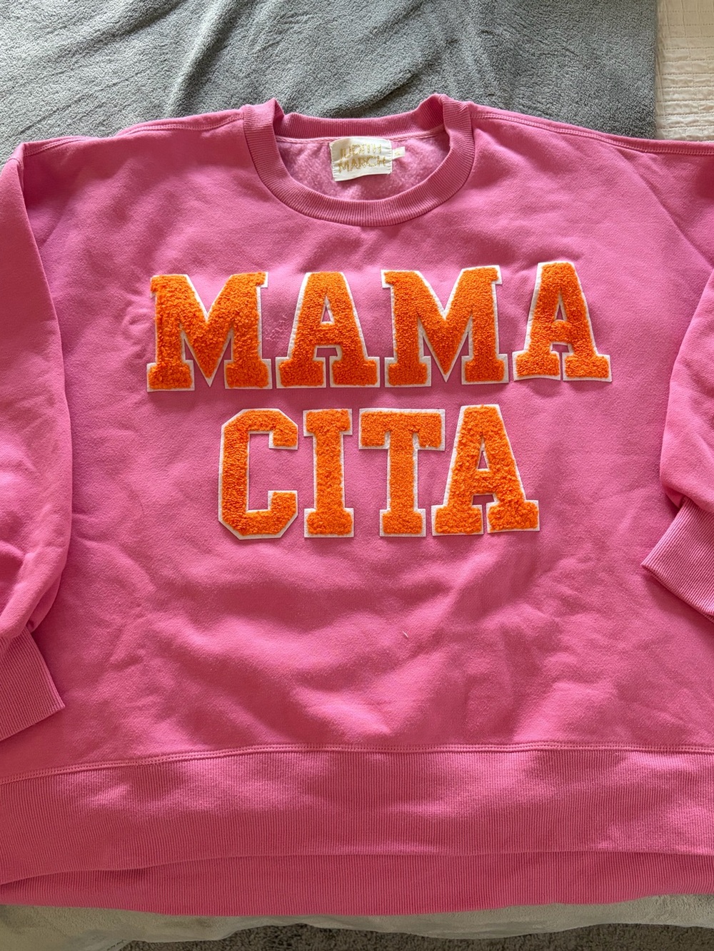 Judith March Pink 'MAMA CITA' Crewneck Sweater with Orange Chenille Letters